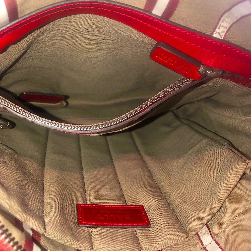BALLY Red Leather Top Zip Messenger Shoulder Bag w/ Red White Striped Strap